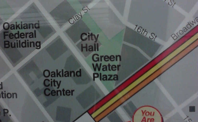 An older BART neighborhood map of downtown Oakland shows City Hall and Frank Ogawa Plaza (then known as Green Water Plaza).